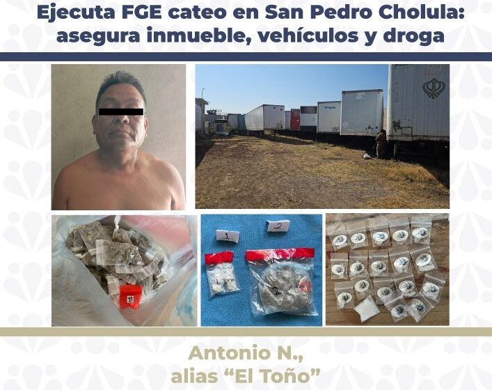 152(1) Ejecuta FGE cateo en San Pedro Cholula: asegura inmueble, vehículos y droga
